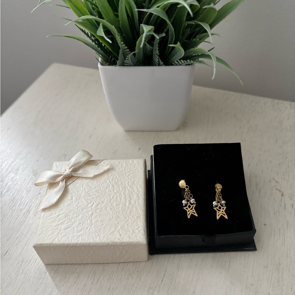 14K Gold Gioielleria Ruffo Star Drop Earrings | Italian Gold Dangle Celestial - Picture 5 of 8